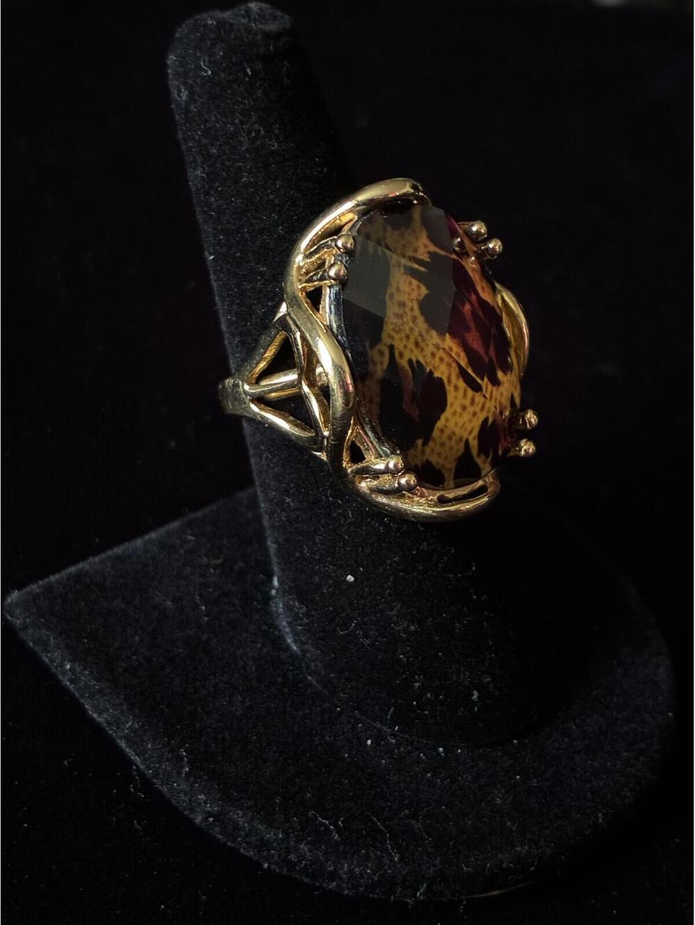 Vintage Animal Print Leopard Faceted Oval Statement Cocktail Ring Sz 7.5